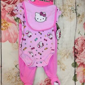 Hello Kitty Baby Girl 3 Piece Set Pink Footie, Bodysuit & Bib Candy 3 Months New